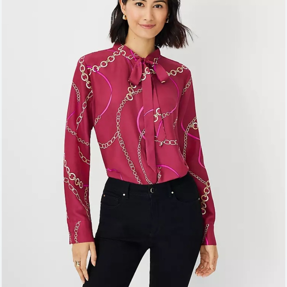 Ann Taylor Pink and Gold Chain Print Blouse